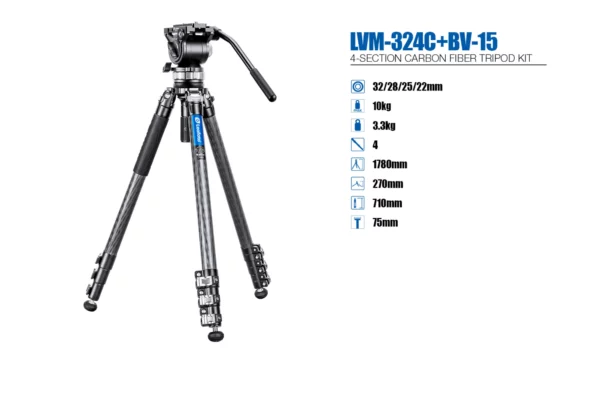 Leofoto LVM-324C Manba Video Series 4 Section Tripod with BV-15 Video