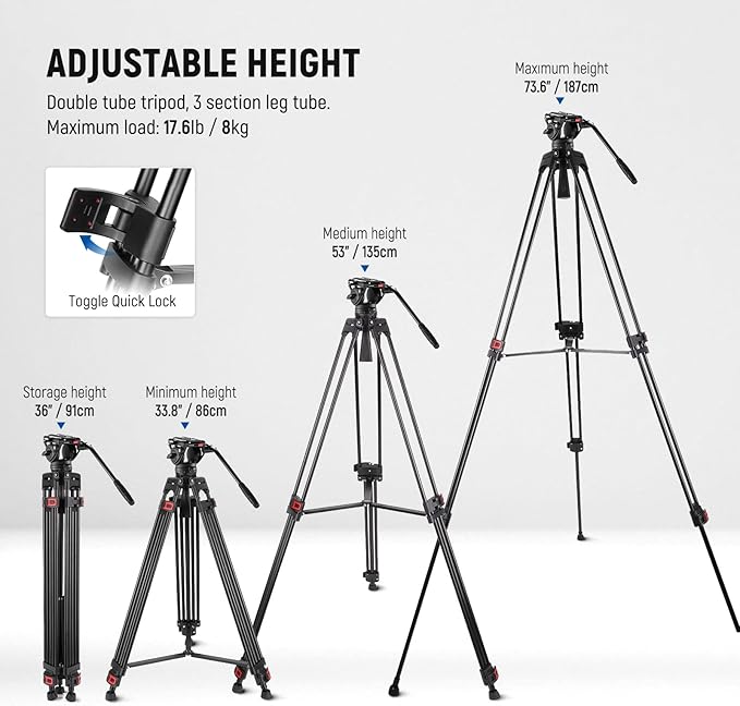 NEEWER 74" Video Tripod with Fluid Head