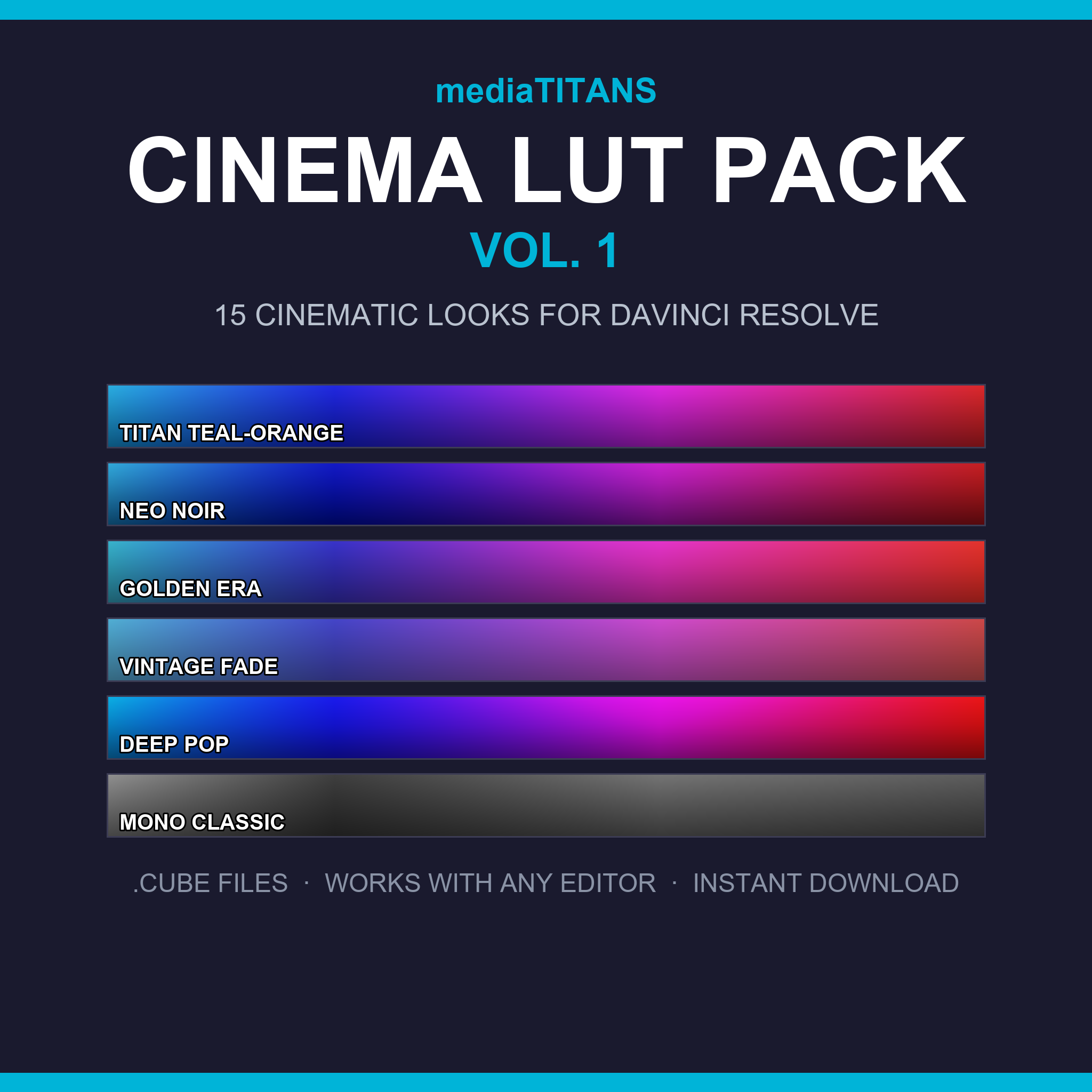 mediaTITANS Cinema LUT Pack Vol. 1 — 15 Cinematic LUTs for DaVinci Resolve, price $29