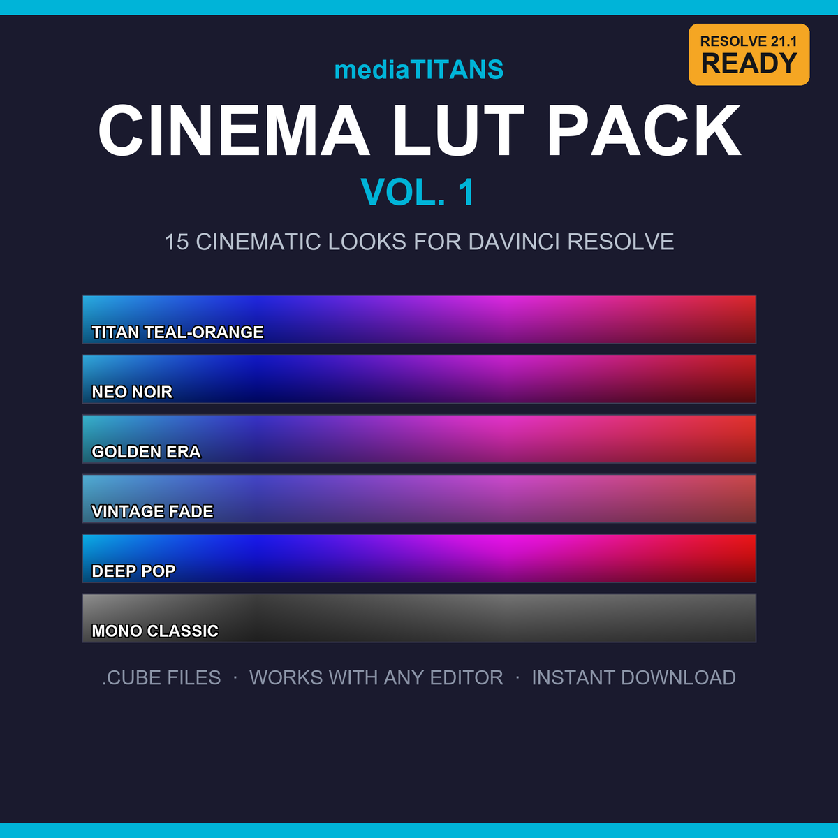 mediaTITANS Cinema LUT Pack Vol. 1 — 15 Cinematic LUTs for DaVinci Resolve, price $29